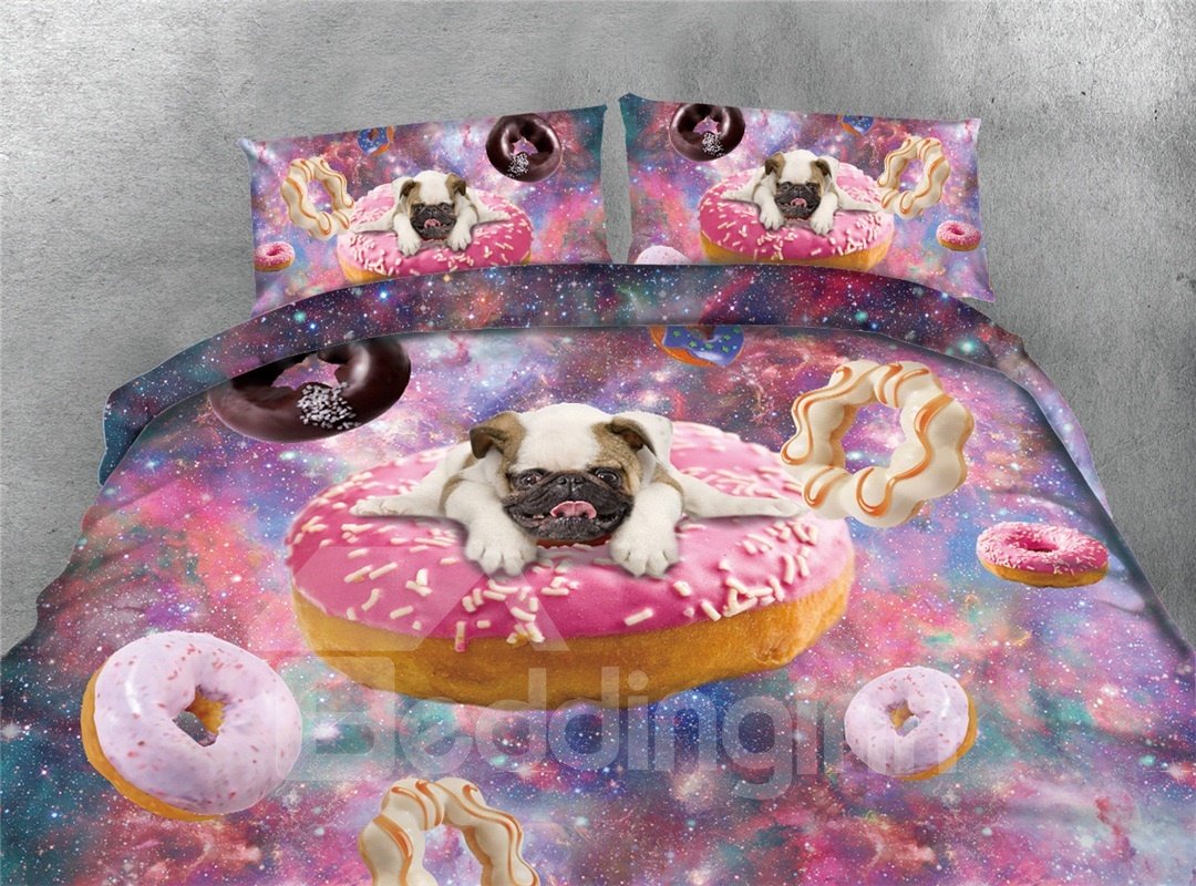 Puppy Dog and Doughnut Galaxy Printing Polyester 4-Piece Bedding Sets/Duvet Covers Wear-resistant Endurable Skin-friendly All-Season - Image 6