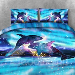 Jumping Dolphins and Shiny Galaxy Printing 4-Piece Blue 3D Bedding Sets/Duvet Covers