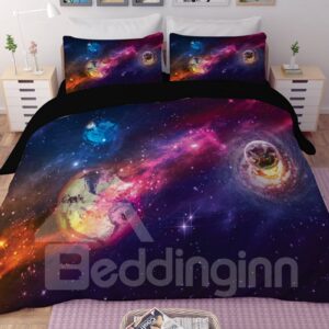 Planets Purple Galaxy Printing Polyester 3D 3-Piece Bedding Sets/Duvet Covers
