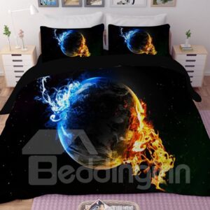 Planet with Blue and Golden Fire Printing Polyester 3D 3-Piece Bedding Sets/Duvet Covers