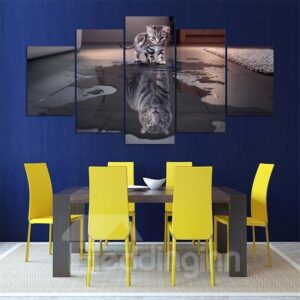 Cat And Tiger Pattern 5 Pieces Hanging Canvas Waterproof Eco-friendly Framed Wall Prints