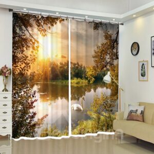 3D Print Curtains Swan In The Lake Sunset Polyester Curtains for Living Room Bedroom No Pilling No Fading No off-lining