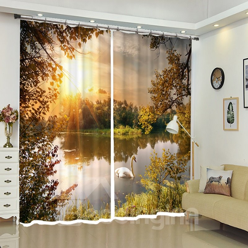 3D Print Curtains Swan In The Lake Sunset Polyester Curtains for Living Room Bedroom No Pilling No Fading No off-lining - Image 2