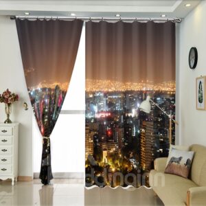 Ocean of Neon City In The Night Modern Style Curtain