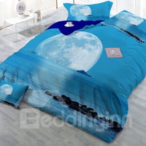 Blue Sea and Moon Wear-resistant Breathable High Quality 60s Cotton 4-Piece 3D Bedding Sets