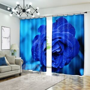 Blue Rose With Dewdrop Vivid Blooming Flower 3D Curtain Drapes