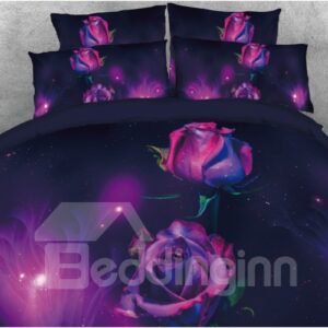 Purple Rose Printed 3D 5-Piece Comforter Set/Bedding Set 1 Duvet Cover 1 Flat Sheet 2 Pillowcases 1 Comforter