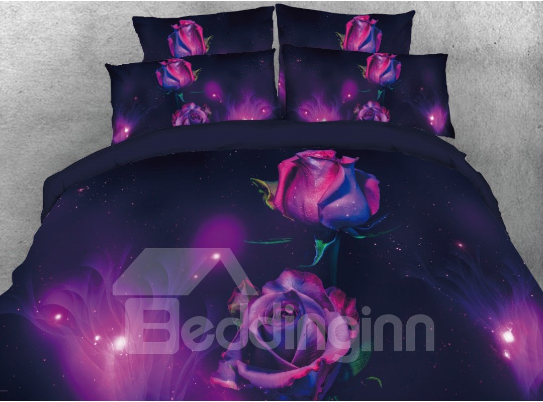 Purple Rose Printed 3D 5-Piece Comforter Set/Bedding Set 1 Duvet Cover 1 Flat Sheet 2 Pillowcases 1 Comforter - Image 2
