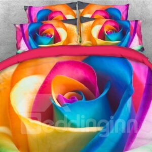 3D 5-Piece Floral Bedding Set/Comforter Set Cheerful Rainbow Rose Ultra Soft with Zipper Closure and Corner Ties 2 Pillowcases 1 Flat Sheet 1 Duvet Cover 1 Comforter Soft Skin-friendly Polyester