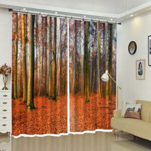Red Leaves Ground Tall Trees Landscape Curtain for Living Room