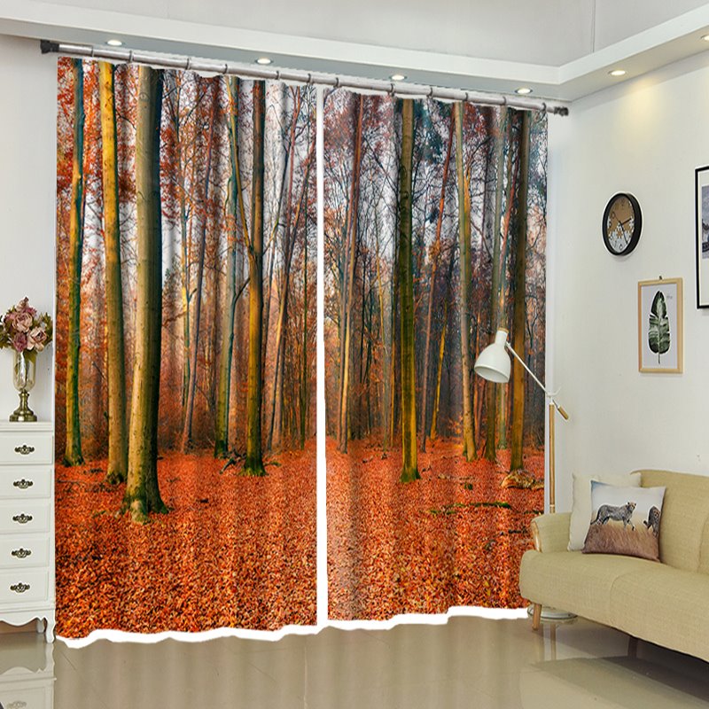 Red Leaves Ground Tall Trees Landscape Curtain for Living Room - Image 6