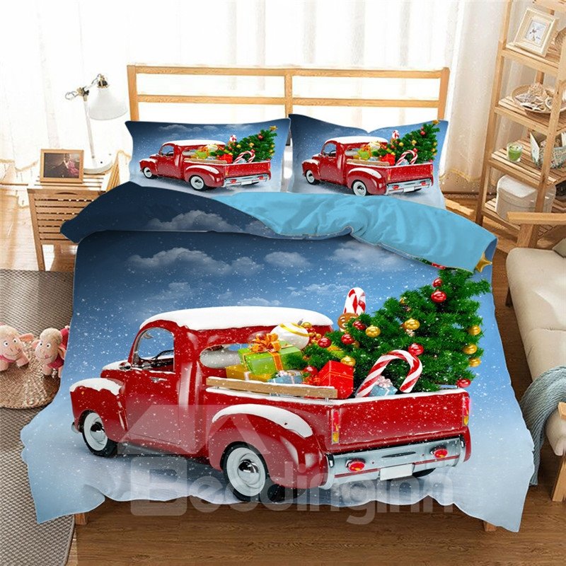 Red Car Loaded with Gifts 3D 4-Piece Christmas Bedding Set/Duvet Cover Set Blue - Image 2