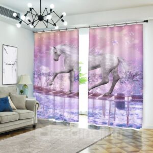 White Unicorn Crossing Single-log Bridge Pink Blackout Curtain 3D