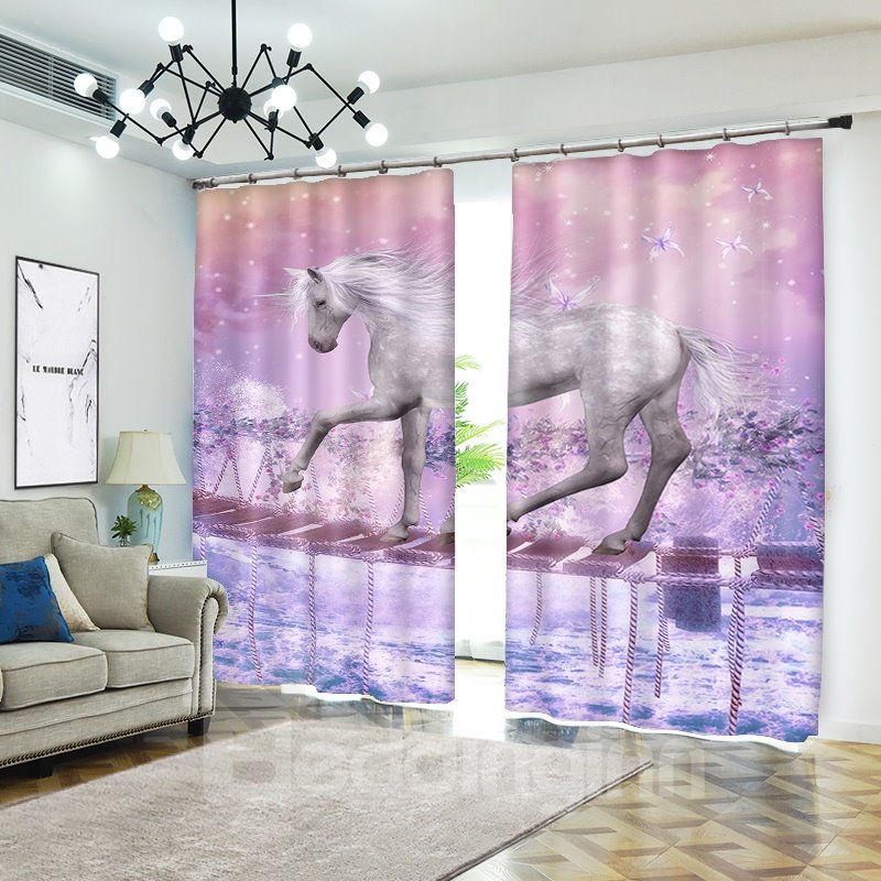 White Unicorn Crossing Single-log Bridge Pink Blackout Curtain 3D - Image 2