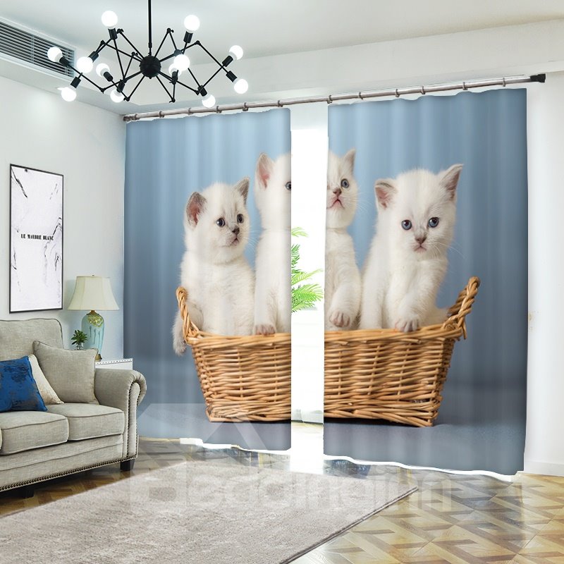 White Kitty Triple Little Cats in Basket 3D Animal Curtain