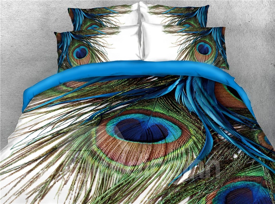 3D Peacock Feathers Duvet Cover Set 4-Piece Bedding Set Blue Soft Skin-friendly Microfiber - Image 2