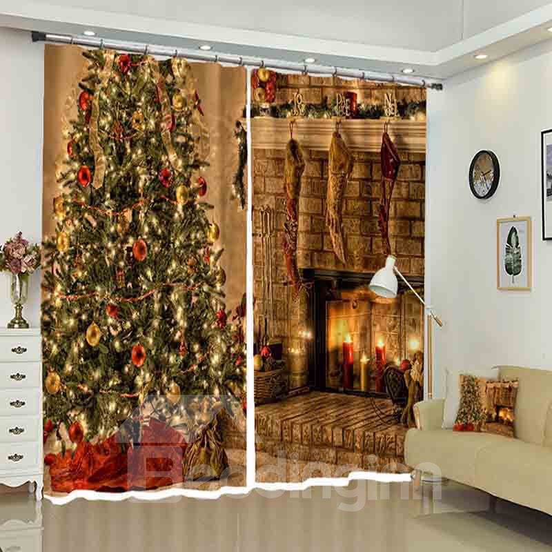 Christmas Tress in Warm House with Fireplace Curtain for Holiday - Image 7