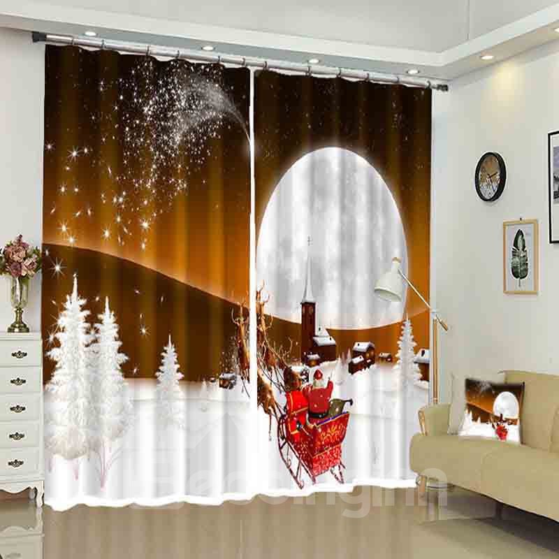 Santa in Sleigh White Moon Snow Ground Christmas Curtain - Image 2