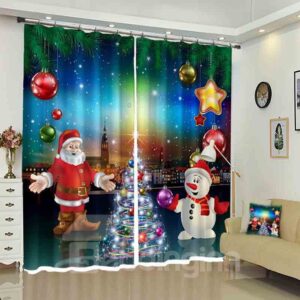 Santa and Snowman Merry Christmas Holiday Curtain for Kids