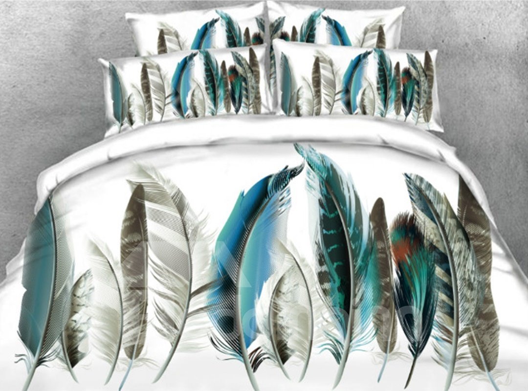 Painting Feather Printed 5-Piece 3D Comforter Set/Bedding Set White