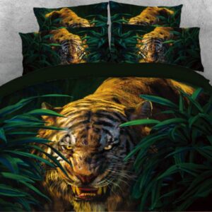 Tiger in the Jungle Printed 5-Piece 3D Comforter Set/Bedding Set Ultra Soft with Zipper Closure and Corner Ties 2 Pillowcases 1 Flat Sheet 1 Duvet Cover 1 Comforter Soft Skin-friendly Microfiber