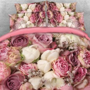 Bouquets of Rose Flowers Printed 4-Piece 3D Bedding Set/Duvet Cover Set Ultra-soft No-fading Microfiber Full Queen King