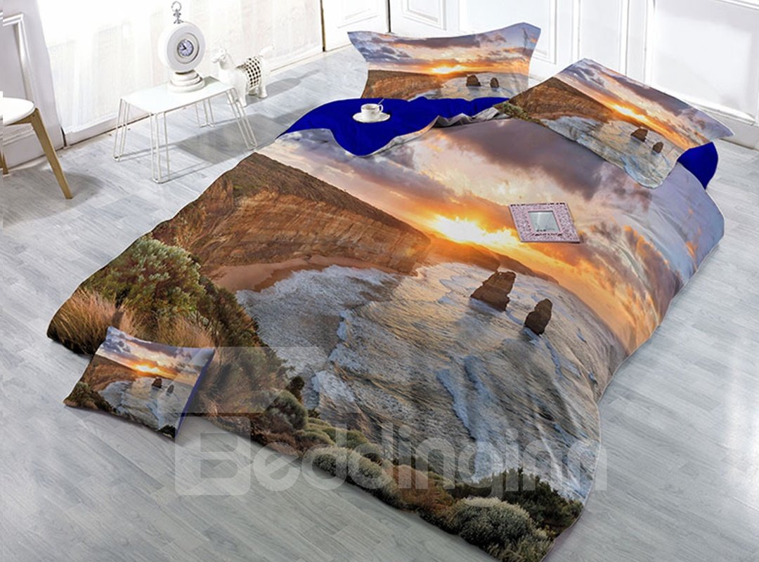 River and Sunset Scenery Wear-resistant Breathable High Quality 60s Cotton 4-Piece 3D Bedding Sets - Image 3