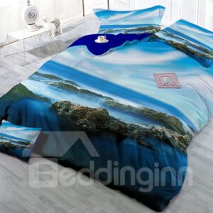 Mountain and Blue Sky Natural Scenery Wear-resistant Breathable High Quality 60s Cotton 4-Piece 3D Bedding Sets