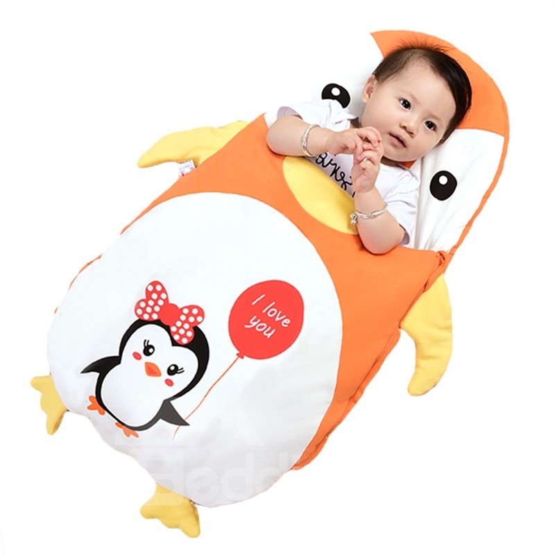 Orange Cute Penguin Shape Anti-Kicking Velvet Baby Sleeping Bag