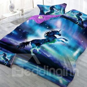 Galaxy Unicorn Printed 3D 4-Piece Bedding Set/Duvet Cover Set Microfiber