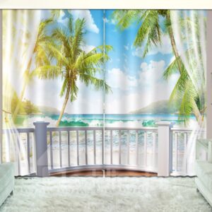 3D Waves and Blue Sky Printed Beach Scenery Custom Living Room Curtain