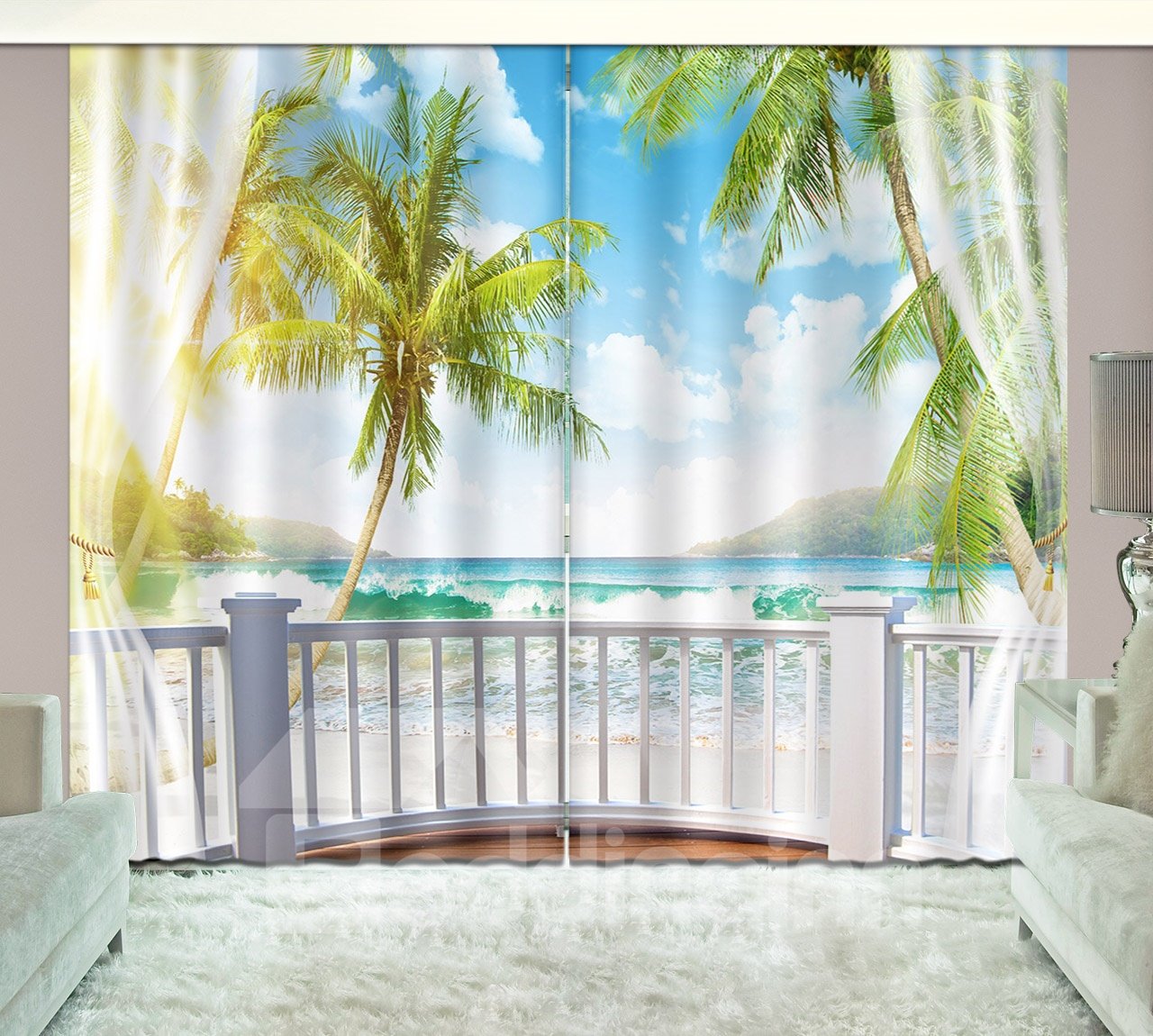 3D Waves and Blue Sky Printed Beach Scenery Custom Living Room Curtain - Image 7