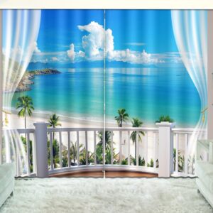 3D Printed Beach with White Clouds and Coconut Trees Scenery Custom Living Room Curtain
