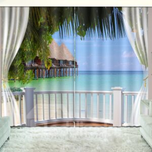 3D Printed Waves and Blue Sky Seaside Natural Scenery Custom Living Room Curtain