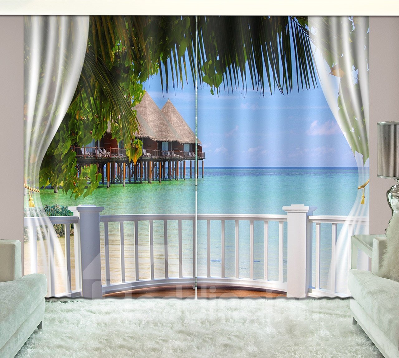 3D Printed Waves and Blue Sky Seaside Natural Scenery Custom Living Room Curtain - Image 2