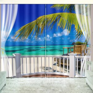 3D Printed Beach with White Clouds and Boat Scenery Custom Living Room Curtain