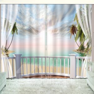 3D Printed Tropical Beach Sunset with Coconut Trees Scenery Custom Living Room Curtain