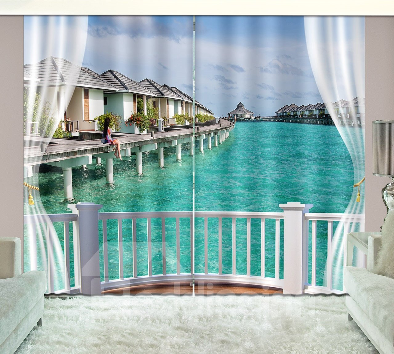 3D Printed Seaside with Girl and Blue Sky Natural Scenery Custom Living Room Curtain - Image 8