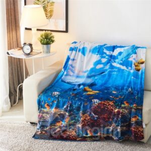 Shark and Colorful Fish Printed Ocean Theme 3D Printed Blanket
