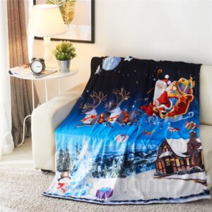 Santa Sleigh Reindeer Flying Over Winter Countryscape 3D Printed Blanket