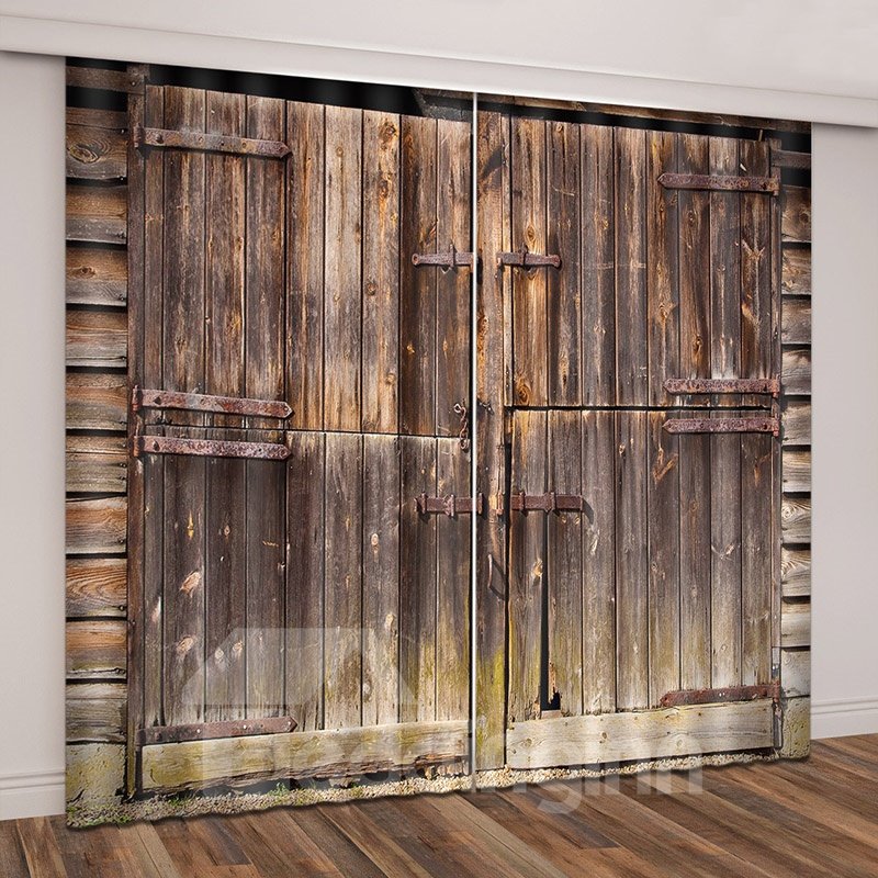 3D Rural Theme Barn Wood Door Printed Curtains - Image 7
