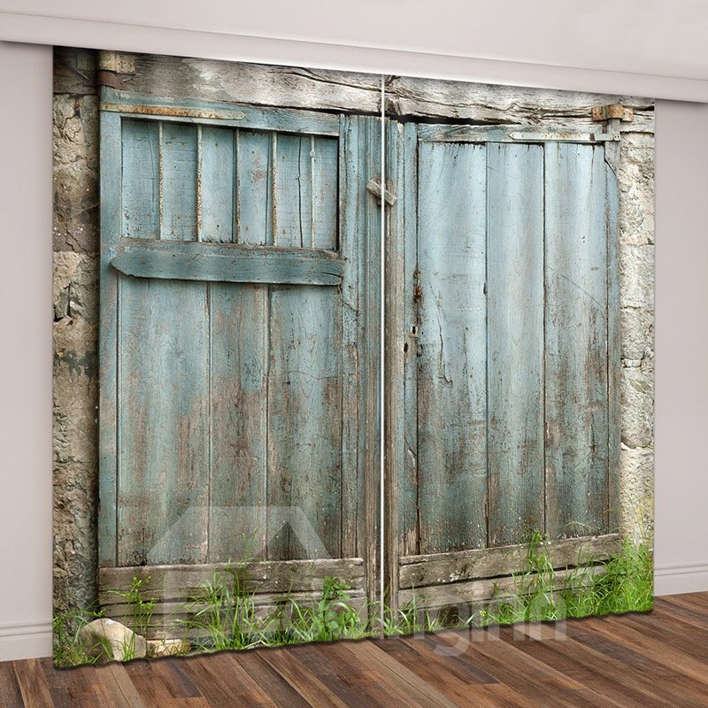 3D Scene Rustic Country Theme Wooden Barn Door Printed Curtains - Image 2