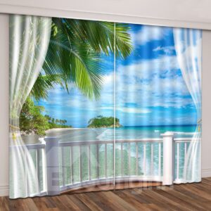 3D Seaside Beach Blue Sky White Cloud Printed Curtain