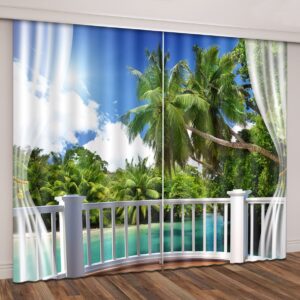 3D Seaside Island Green Coconut Palm Forest Balcony Decoration Printed Curtain