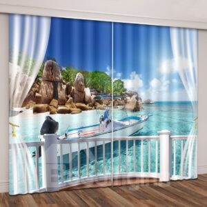 3D Tropical Seaside Island Travel Yacht Printed Curtain