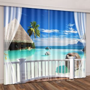 3D Tropical Seaside Island Coast Romantic Travel Printed Curtain