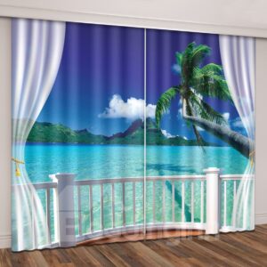 3D Printed Seaside Blue Sky Green Coconut Palm Curtain