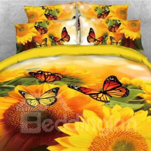 3D Sunflower and Butterflies Printed 4-Piece Yellow Bedding Set/Duvet Cover Set