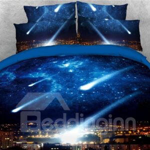 Falling Star 3D Blue Galaxy Zipper Bedding Sets 4Pcs Colorfast/Durable/Skin-friendly Duvet Cover with Ties