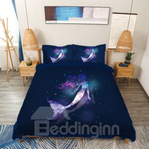 Galaxy Mermaid 3D Animal Duvet Cover Set 4Pcs Bedding Set Soft Lightweight Blue